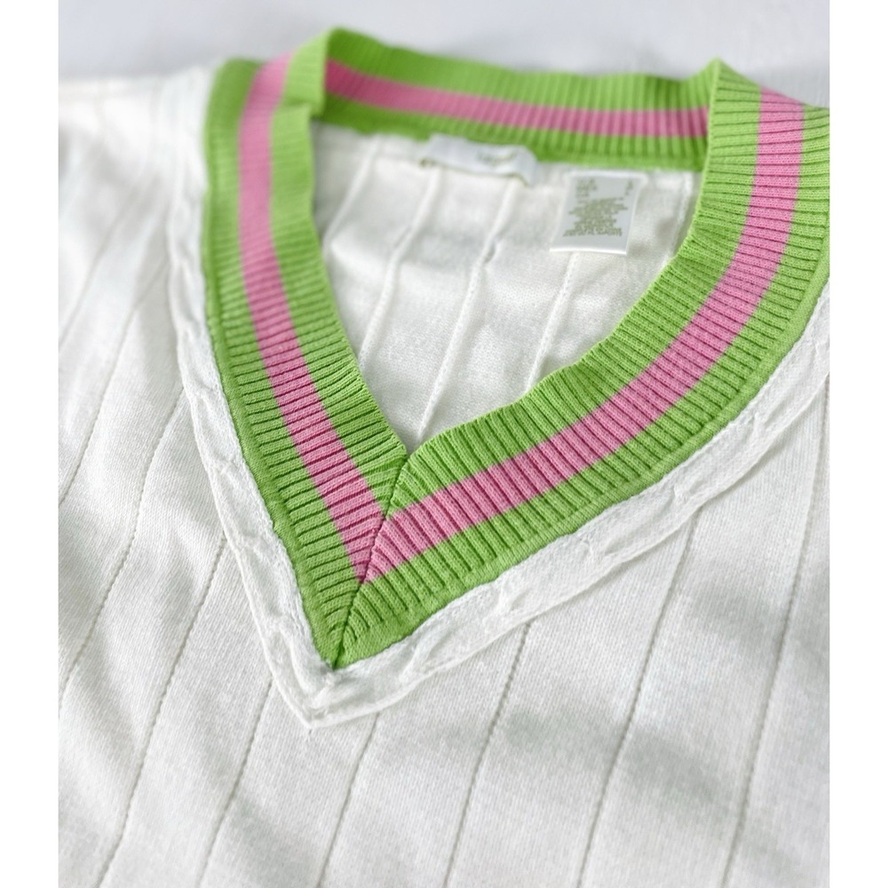 Lizgolf‎ Liz Claborne Vintage V-Neck Lilly Tennis Sweater L Off White Pink Green